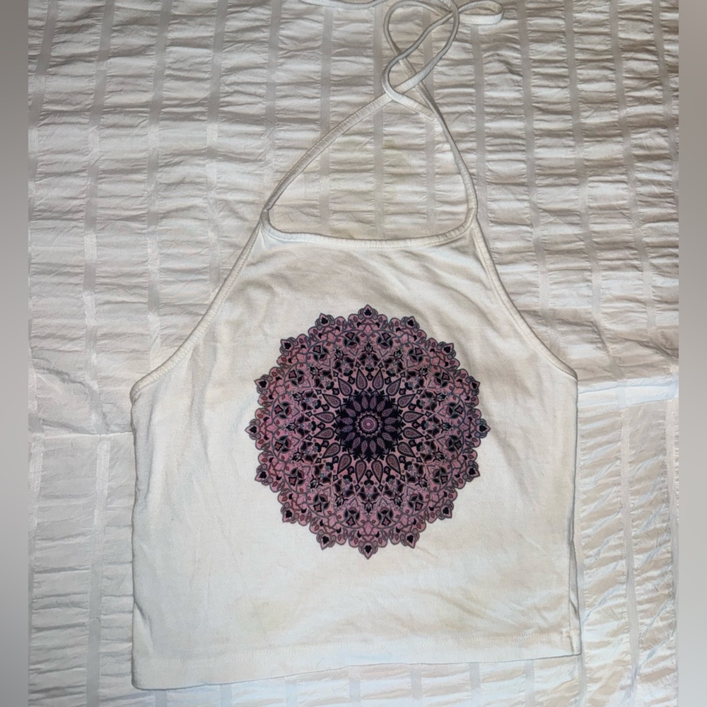 Charlotte Russe White Halter Crop Top with Pink Mandala